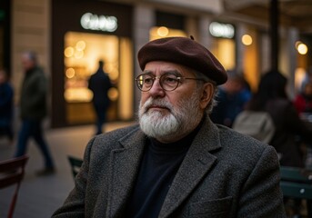 Elegant senior man with beret and beard sitting in cafe outdoors