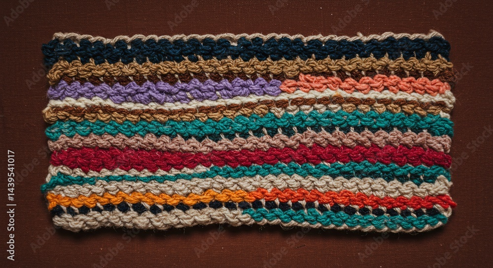 Poster a colorful crochet blanket with a pattern of stripes and squares