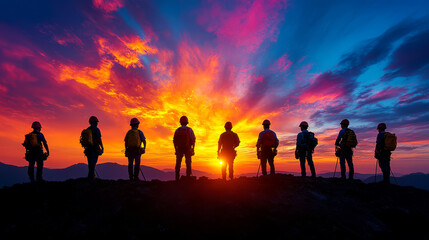 Group of silhouetted climbers stands against vibrant sunset, showcasing their adventurous spirit and camaraderie