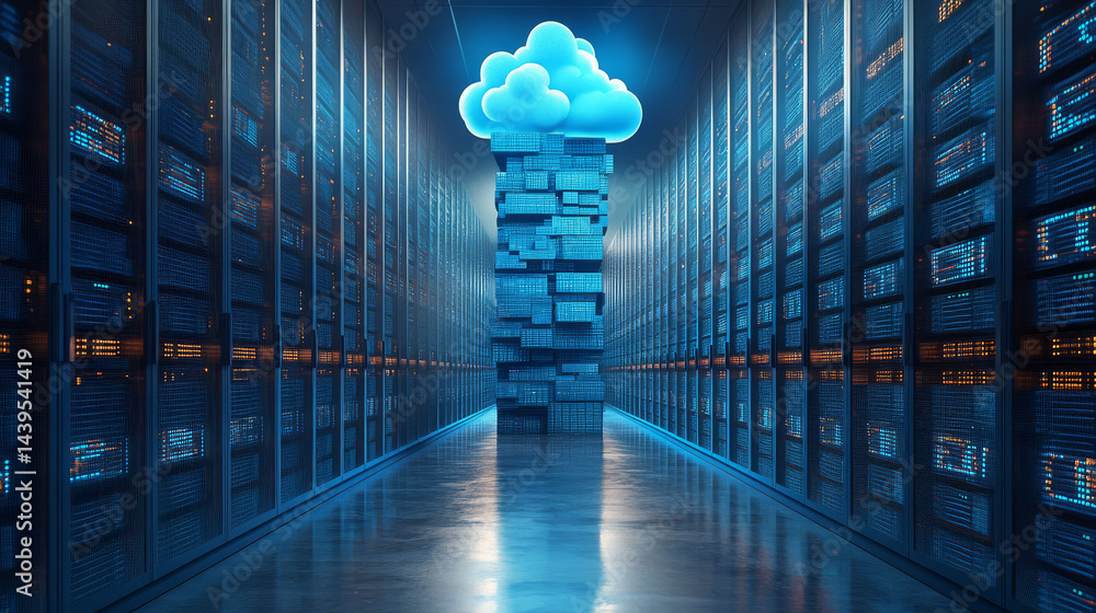 Aufkleber futuristic data center with cloud computing icons, showcasing advanced technology and digital storag