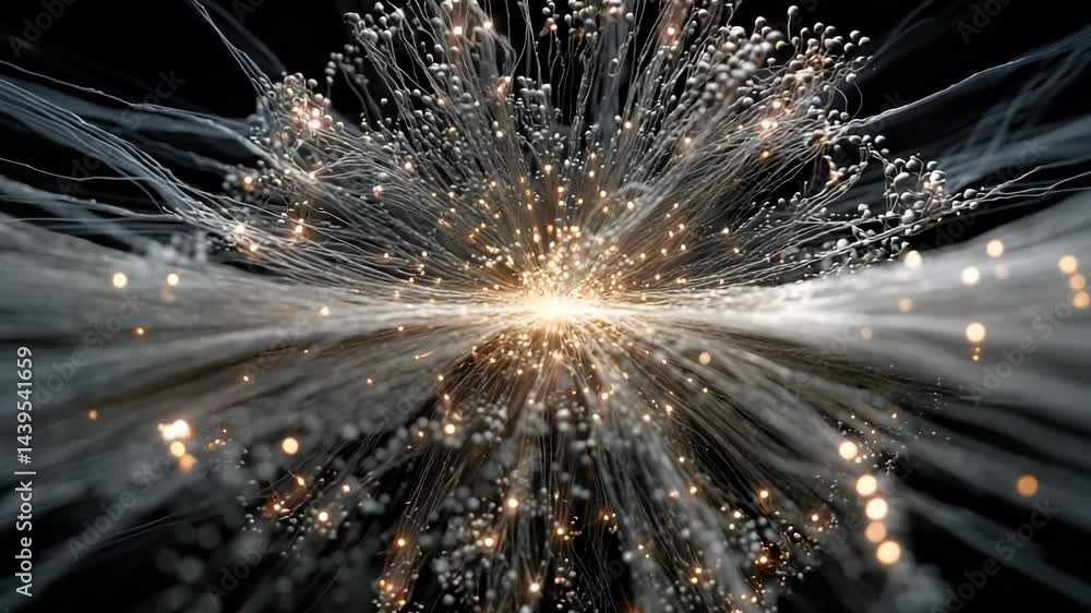 Poster fiber optic cables radiate with glowing data points in a dark abstract space, symbolizing connectivi