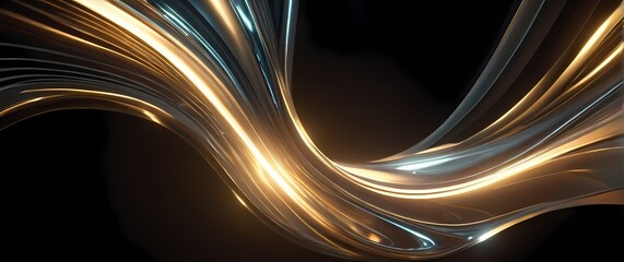 Dynamic abstract digital art featuring flowing metallic shapes and light spots. Extremely detailed high resolution illustration.
