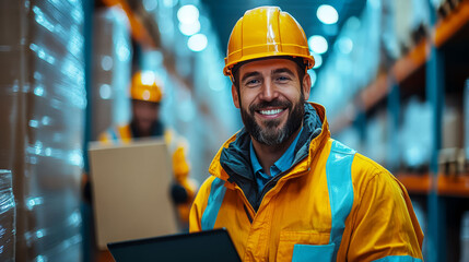 Efficient warehouse workers checking stock with tablet, showcasing teamwork and productivity in vibrant environment