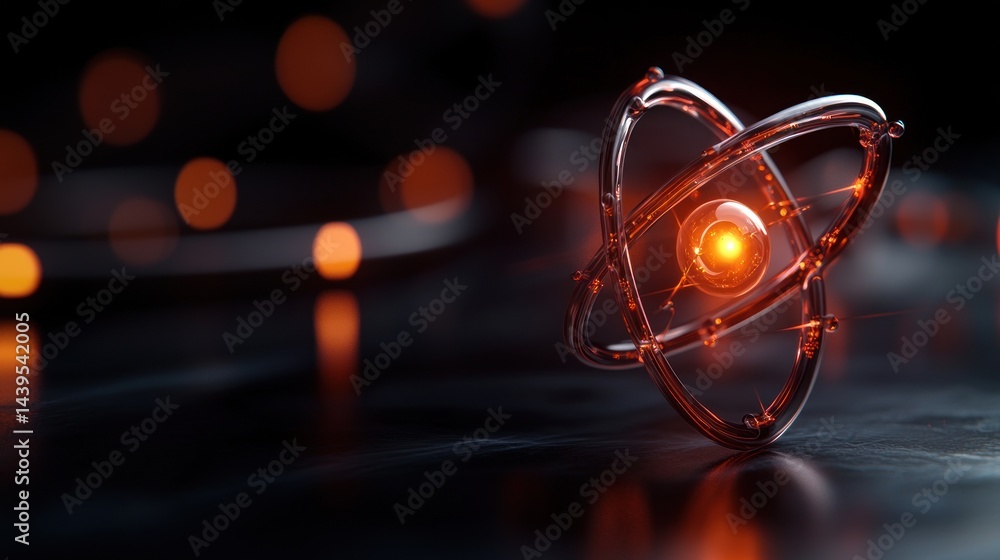 Poster illuminated atom model on dark surface with bokeh background