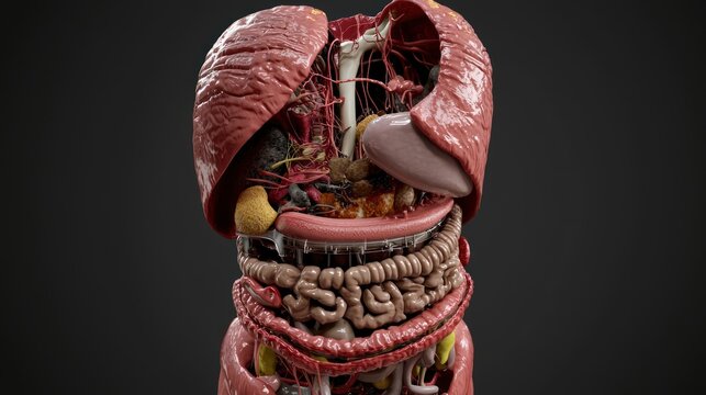 Detailed 3D anatomical model of human torso organs, showing internal structure