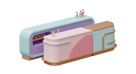 Pastel colored bars and cabinets with a retro futuristic style, on white