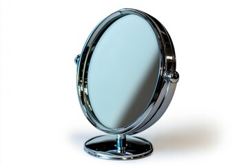 Round vanity mirror with chrome finish on a white background for elegant decor