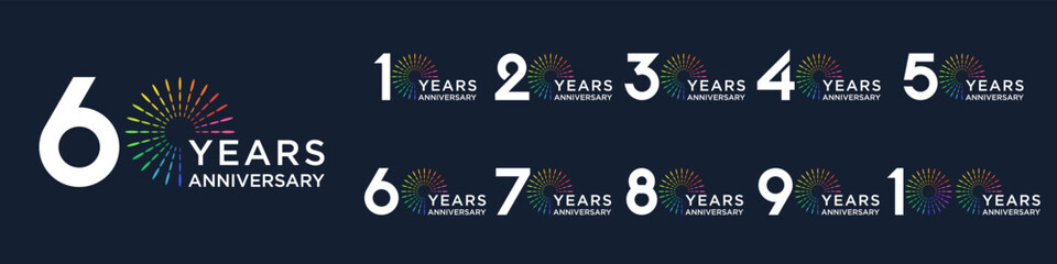 set of 10 to 100th anniversary logotype design, with colorful fireworks for celebration event, wedding, and birthday, vector illustration