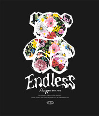 endless happiness calligraphy slogan with colorful flower in bear doll graphic vector illustration
