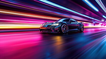 Futuristic sports car in motion through vibrant night tunnel