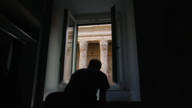 Man gazing out from hotel window towards the Pantheon in Rome, Italy