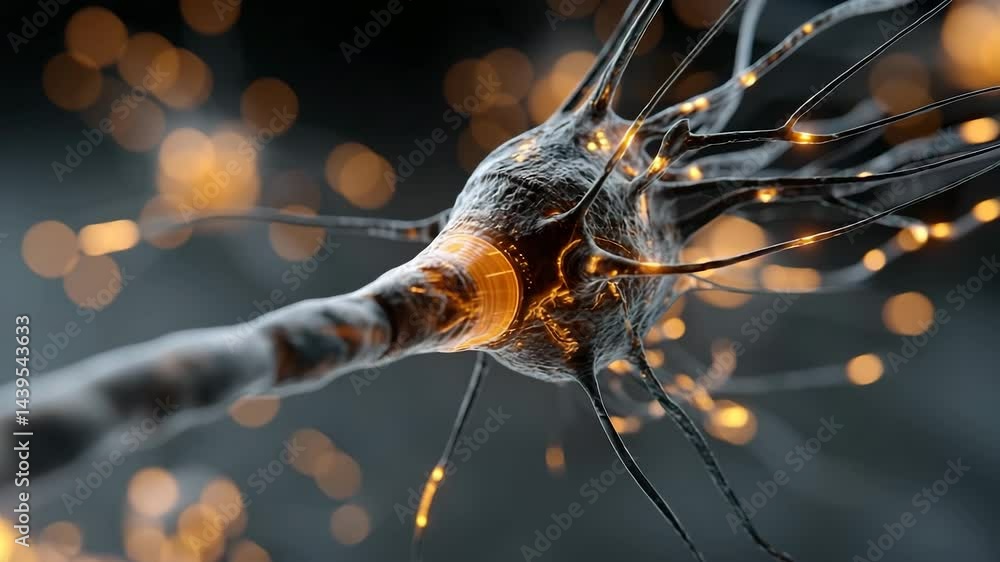 Poster close-up of a glowing neuron cell with electric impulses in a neural network, symbolizing science, t