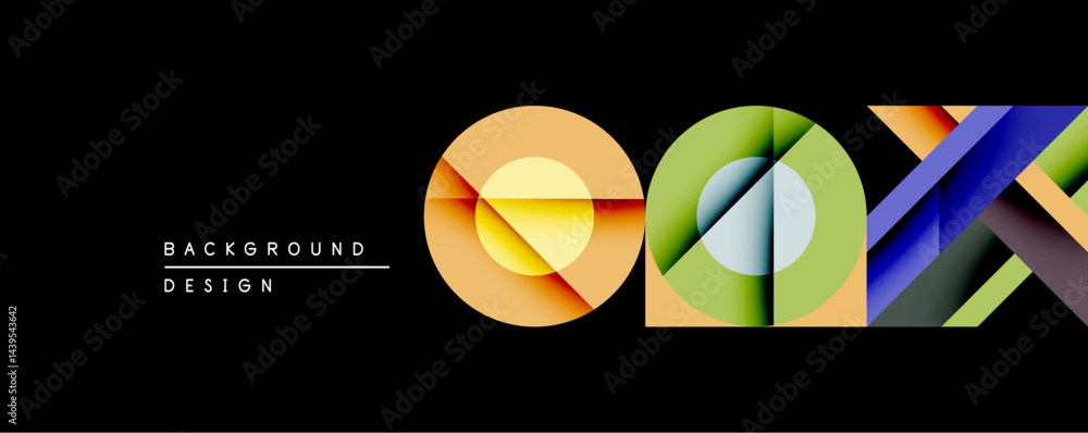 Aufkleber Abstract geometric composition. Overlapping circles create vibrant color gradients. Modern design with black background emphasizes shapes, textures, visual harmony.