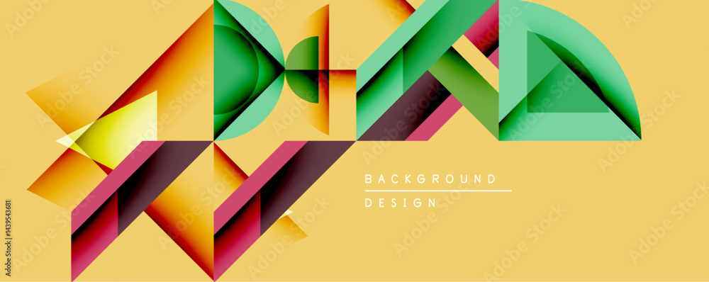 Aufkleber Abstract geometric composition. Vivid triangles, overlapping shapes create dynamic visual effect. Warm yellow backdrop enhances colorful design elements. Modern style.