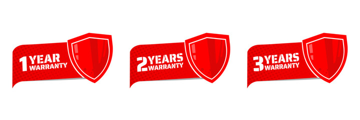 1 year warranty, 2 years warranty, 3 years warranty. Red shield sticker, label, badge – vector illustration
