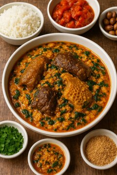 A close-up shot of a delicious Nigerian dish, rich and flavorful, featuring a bowl of spicy, richly textured Egusi soup with spinach and meats.