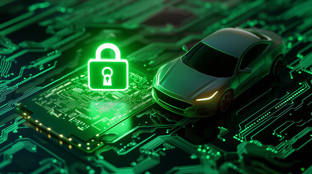 Vehicle Data Privacy and Cyber Protection Depicted on Futuristic Motherboard with Glowing Green Automotive Chip

