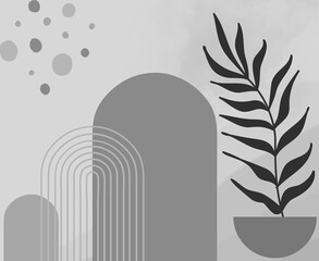 Abstract geometric boho pattern with leaves, arches and shapes in shades of dark grey