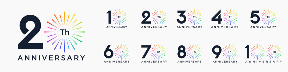 set of 10 to 100th anniversary logotype design, with colorful fireworks for celebration event, wedding, and birthday, vector illustration