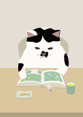 美術書を読みながらお茶を飲む黒ぶち猫