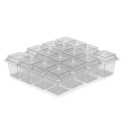 Clear dessert container boxes arranged in a staggered formation, isolated on white background