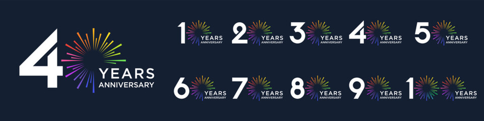 set of 10 to 100th anniversary logotype design, with colorful fireworks for celebration event, wedding, and birthday, vector illustration