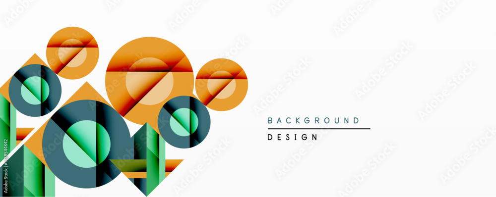 Poster abstract geometric shapes overlap, creating dynamic composition. orange, teal, blue hues dominate de