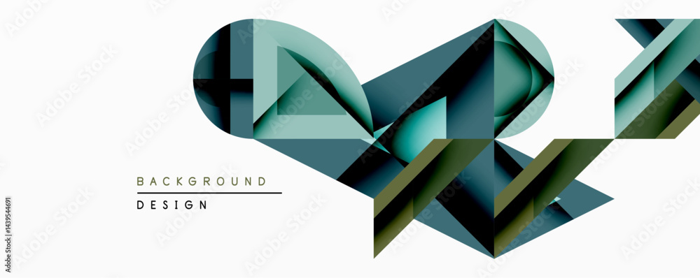 Leinwandbilder Abstract geometric design features layered triangles forming shapes. Teal, olive, gray hues create depth, modern aesthetic. Minimalist background emphasizes form, texture.