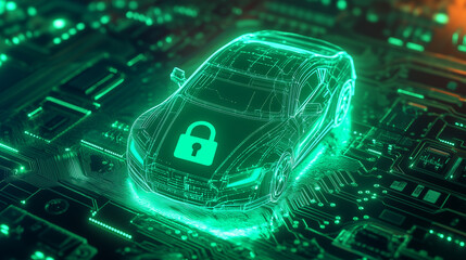 Smart Car Security System and Data Protection Represented by High-Tech Digital Circuit Board Illustration

