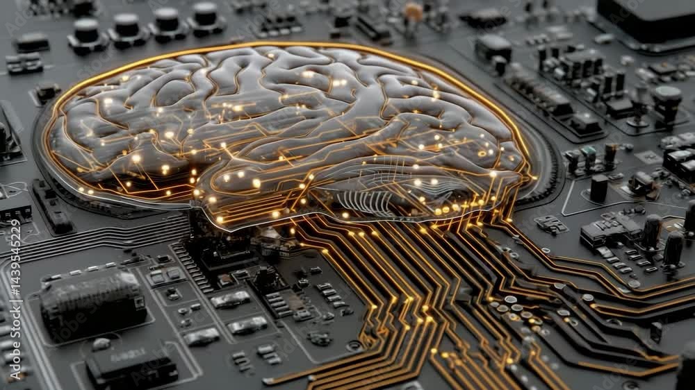 Poster futuristic transparent brain chip integrates with electronic circuit, symbolizing artificial intelli
