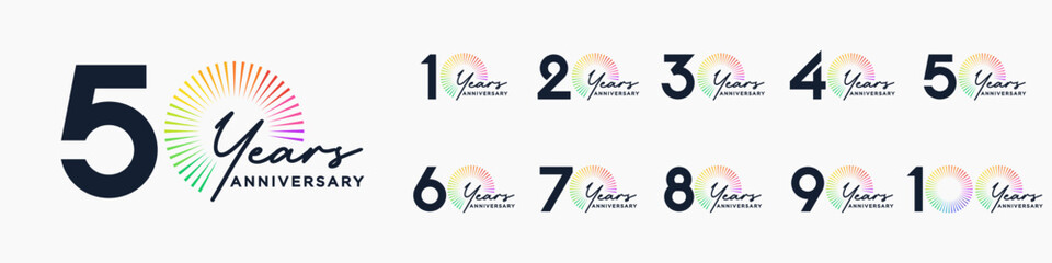 Plakat set of 10 to 100th anniversary logotype design, with colorful fireworks for celebration event, wedding, and birthday, vector illustration