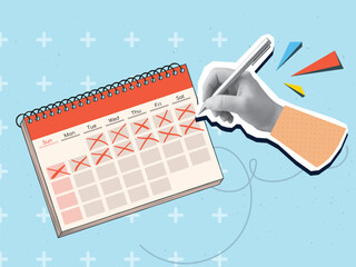 A black and white hand puts a checkmark in a calendar. Modern photo collage style. Vector illustration © tiena