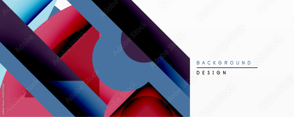Poster Abstract geometric shapes overlap, creating dynamic composition. Red, blue, purple gradients dominate design. Minimalist aesthetic with ample white space. Modern visual element.