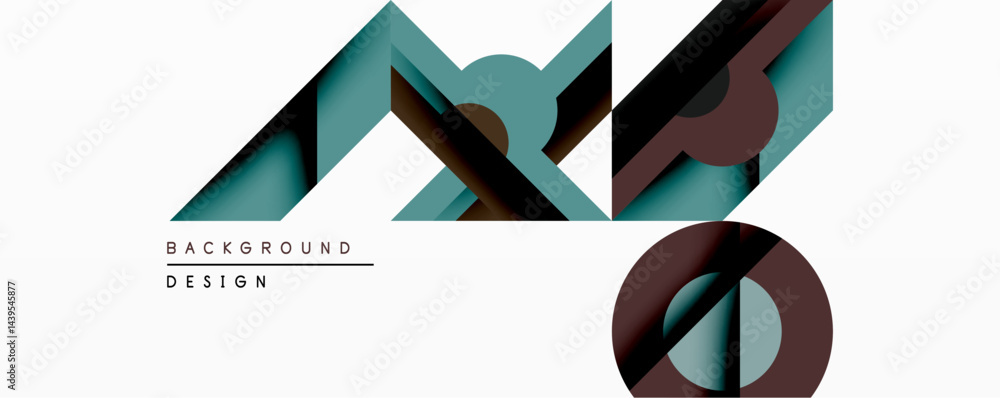 Poster abstract geometric shapes overlap, creating layered design. teal, maroon, dark gray colors dominate 