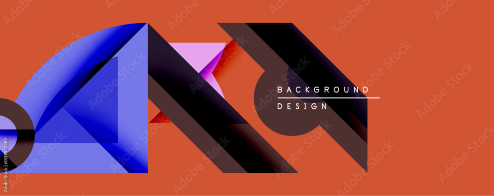 Poster Abstract geometric shapes overlap, creating dynamic composition. Blue, brown, pink hues contrast with orange backdrop. Modern design element for backgrounds, presentations.