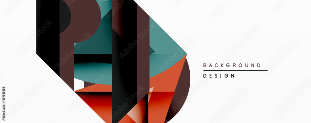 Poster abstract geometric composition. overlapping shapes create dynamic visual effect. red, teal, brown, b