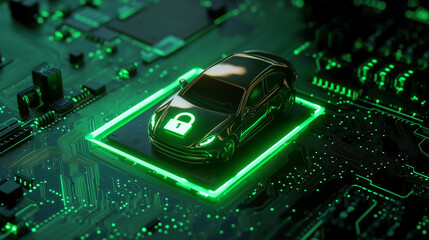 Conceptual Illustration of Car Cybersecurity Protection on Futuristic Digital Circuit Board with Glowing Green Light

