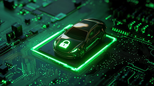 Conceptual Illustration of Car Cybersecurity Protection on Futuristic Digital Circuit Board with Glowing Green Light

 - Powered by Adobe