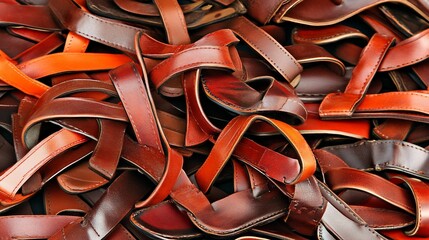 A tangled pile of various shades of brown leather straps