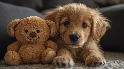 Cute fluffy puppy playfully biting a large stuffed teddy bear in a bright and cheerful room
