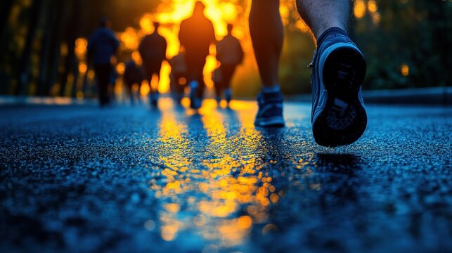 Sunset walkers on a wet pavement path at dusk.