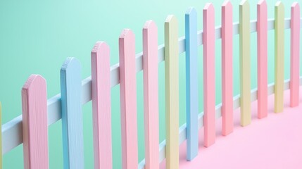 Obraz premium Mini fences in pastel pink, blue, and green standing in a curved pattern.