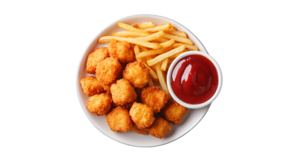 Crispy chicken nuggets served with golden fries and ketchup, PNG, created with Generative AI