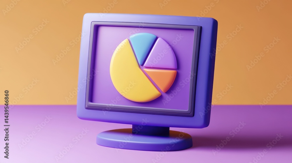 Poster cartoon computer screen shows pie chart analysis on desk for business presentation