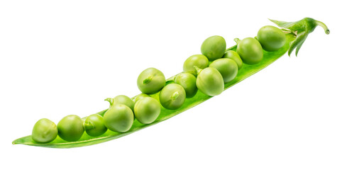 Opened ripe pea pod with pea seeds isolated on white background. File contains clipping path.