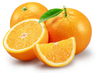 Orange fruits with green leaf and orange slices on white background. File contains clipping path.