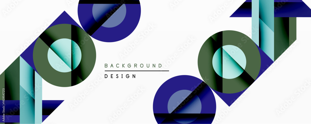 Aufkleber Abstract geometric composition. Overlapping circles, squares, rectangles create dynamic visual effect. Blue, green hues dominate design. Minimalist style.