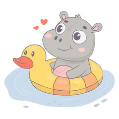 Cute Hippo Enjoys a Joyful Day Floating on a Swimming Ring in a Peaceful Water Environment. Vector Cute Hippo
