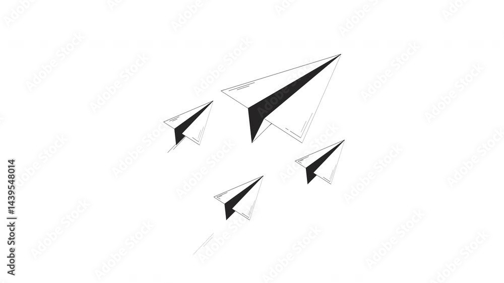 Poster paper planes flying in forward motion outline hand drawn 2d object animation. message delivery. mail