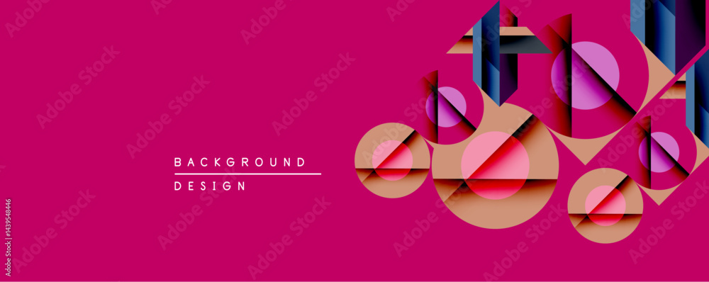 Poster abstract geometric composition. overlapping shapes create depth, using pink, brown, purple hues. mod